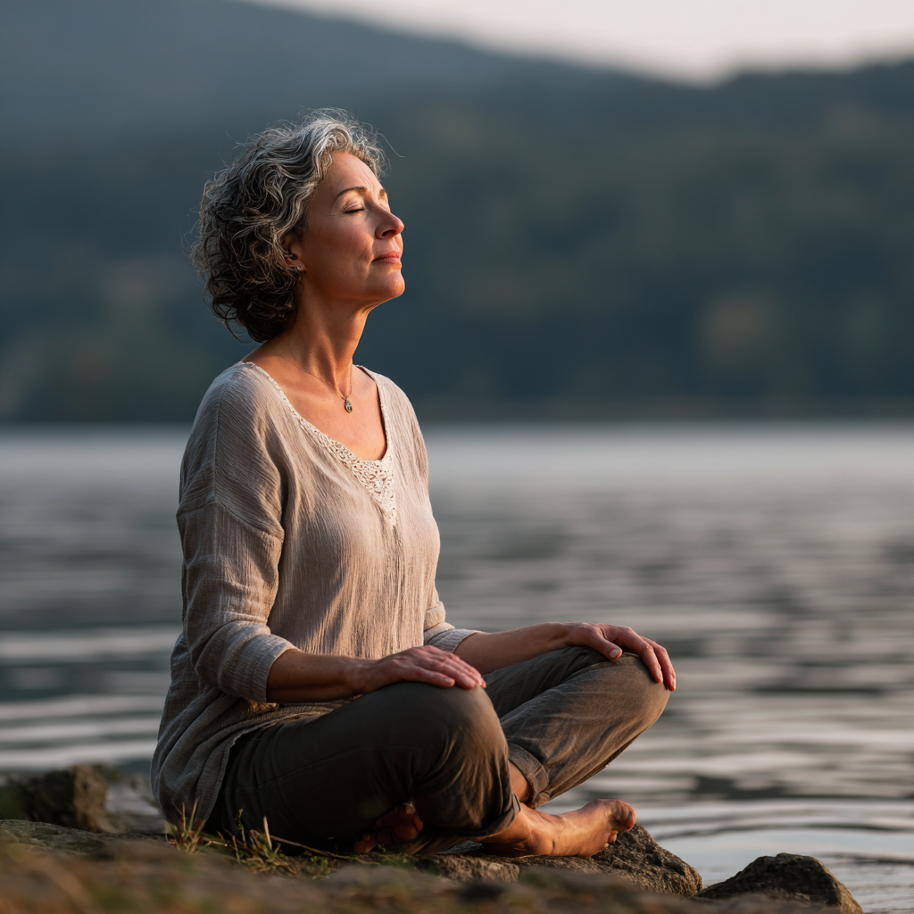 Experienced woman in her forties practicing meditation in peaceful natural setting