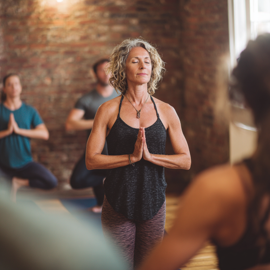 Experienced yoga instructor in her forties guiding students in peaceful studio atmosphere