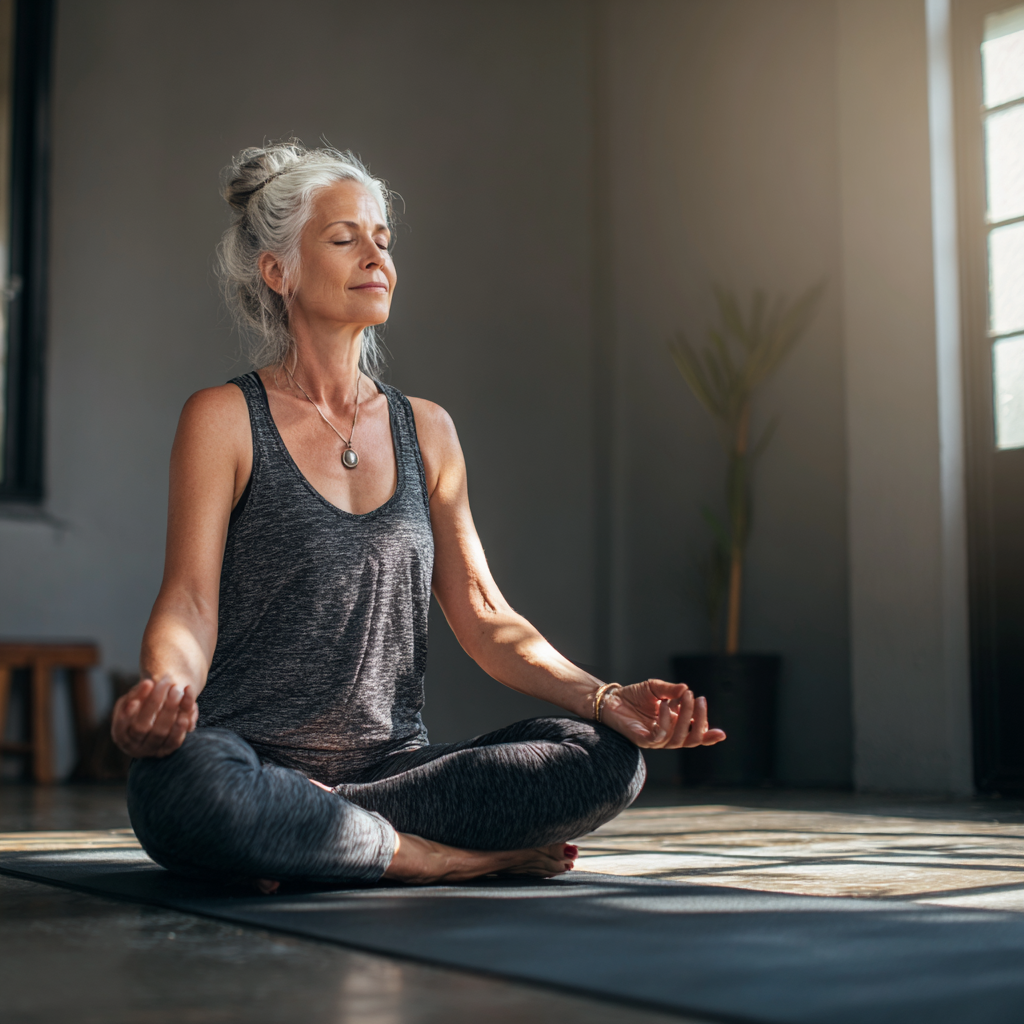 Mature woman in her fifties practicing yoga poses in serene studio environment